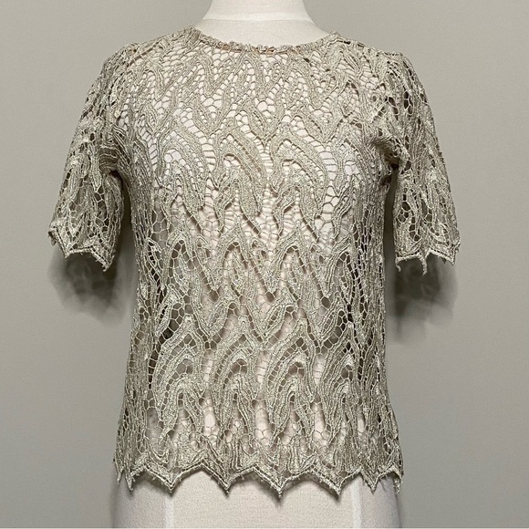 Alexis Metallic Gold Lace Crochet Short Sleeve Top, Size Small - Picture 1 of 12